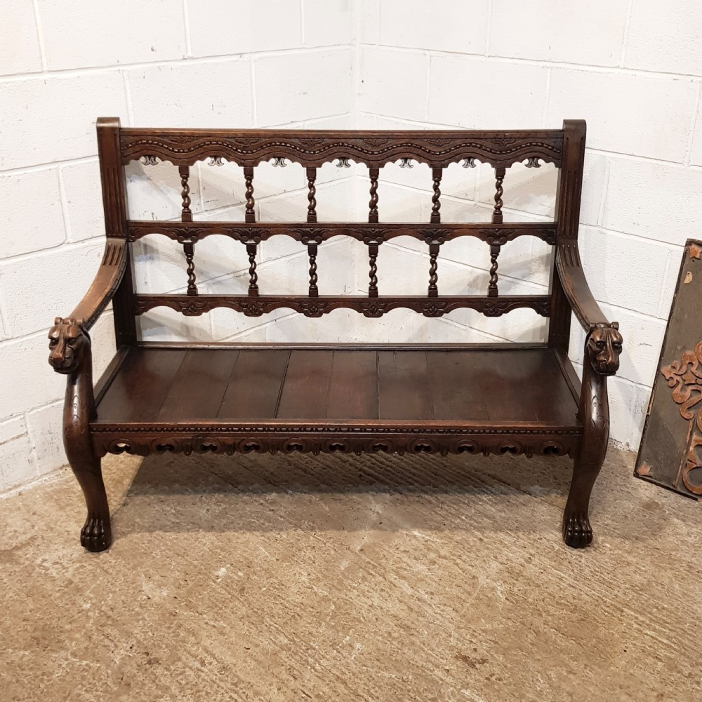 ANTIQUE VICTORIAN CARVED OAK HALL BENCH C1880 View VI