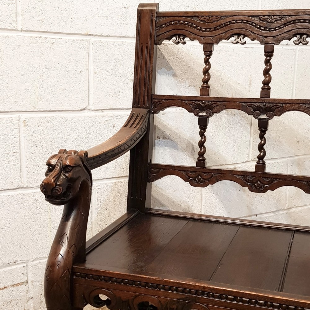 ANTIQUE VICTORIAN CARVED OAK HALL BENCH C1880 View VII