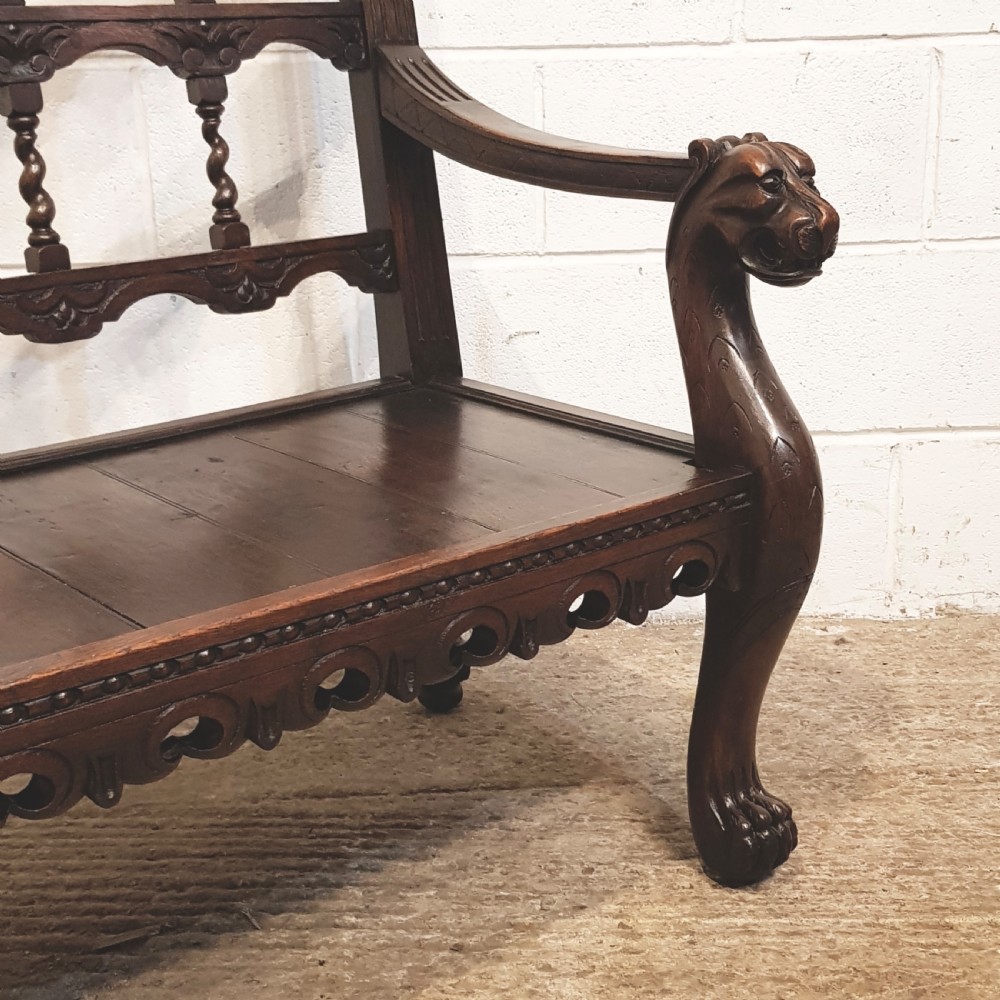 ANTIQUE VICTORIAN CARVED OAK HALL BENCH C1880 View VIII