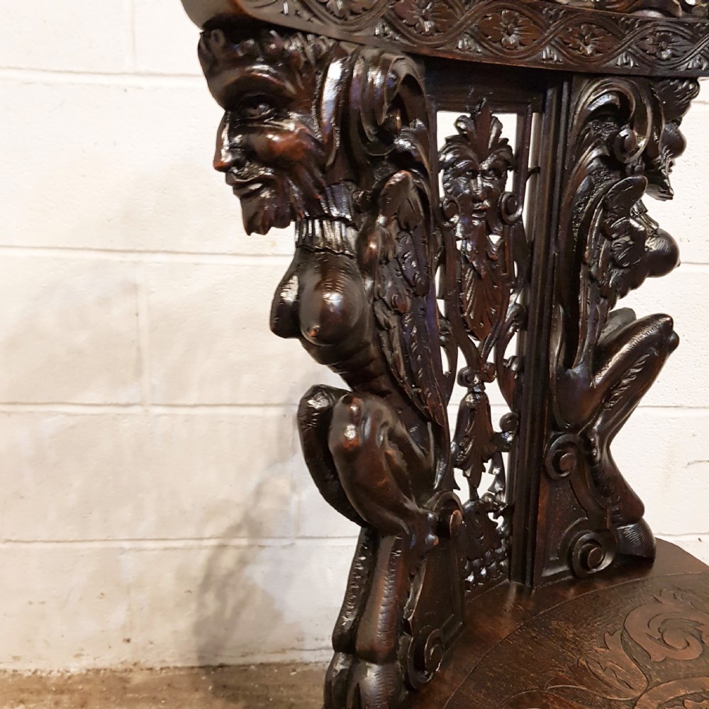 ANTIQUE ITALIAN CARVED WALNUT SGABELLO RENAISSANCE HALL CHAIR C1850 View III