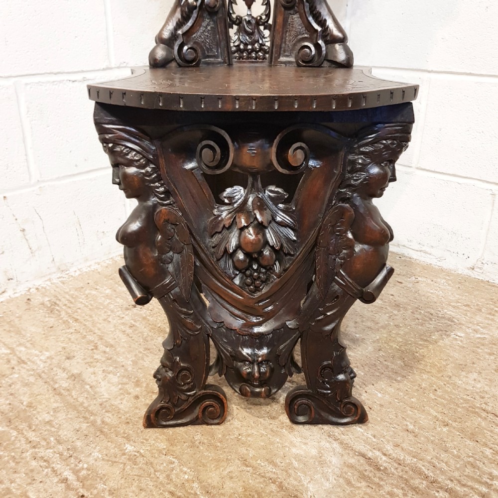 ANTIQUE ITALIAN CARVED WALNUT SGABELLO RENAISSANCE HALL CHAIR C1850 View IX