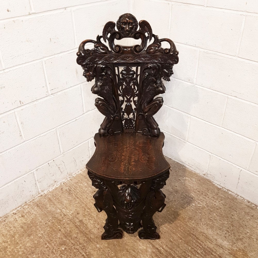 ANTIQUE ITALIAN CARVED WALNUT SGABELLO RENAISSANCE HALL CHAIR C1850 View XI
