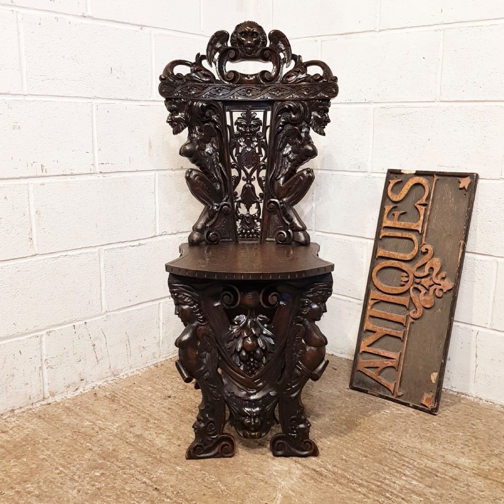 ANTIQUE ITALIAN CARVED WALNUT SGABELLO RENAISSANCE HALL CHAIR C1850 View XII