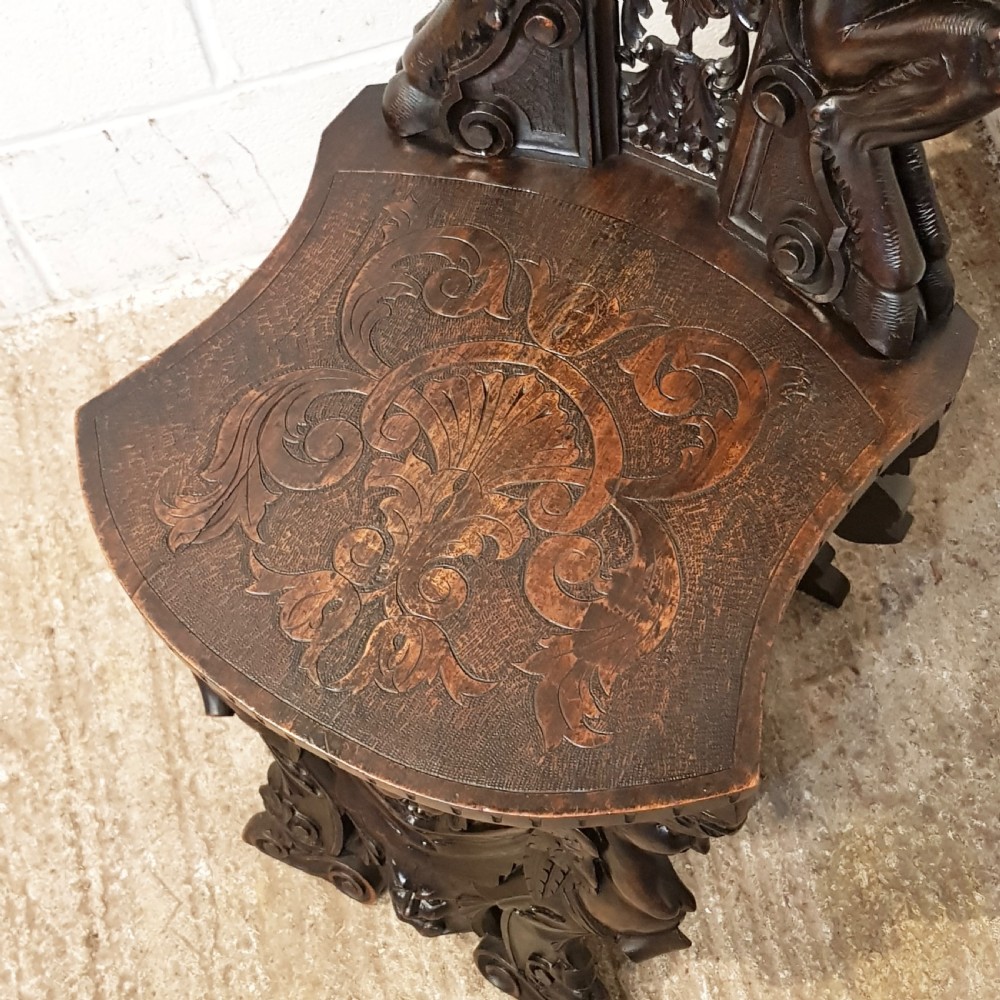 ANTIQUE ITALIAN CARVED WALNUT SGABELLO RENAISSANCE HALL CHAIR C1850 View XIII