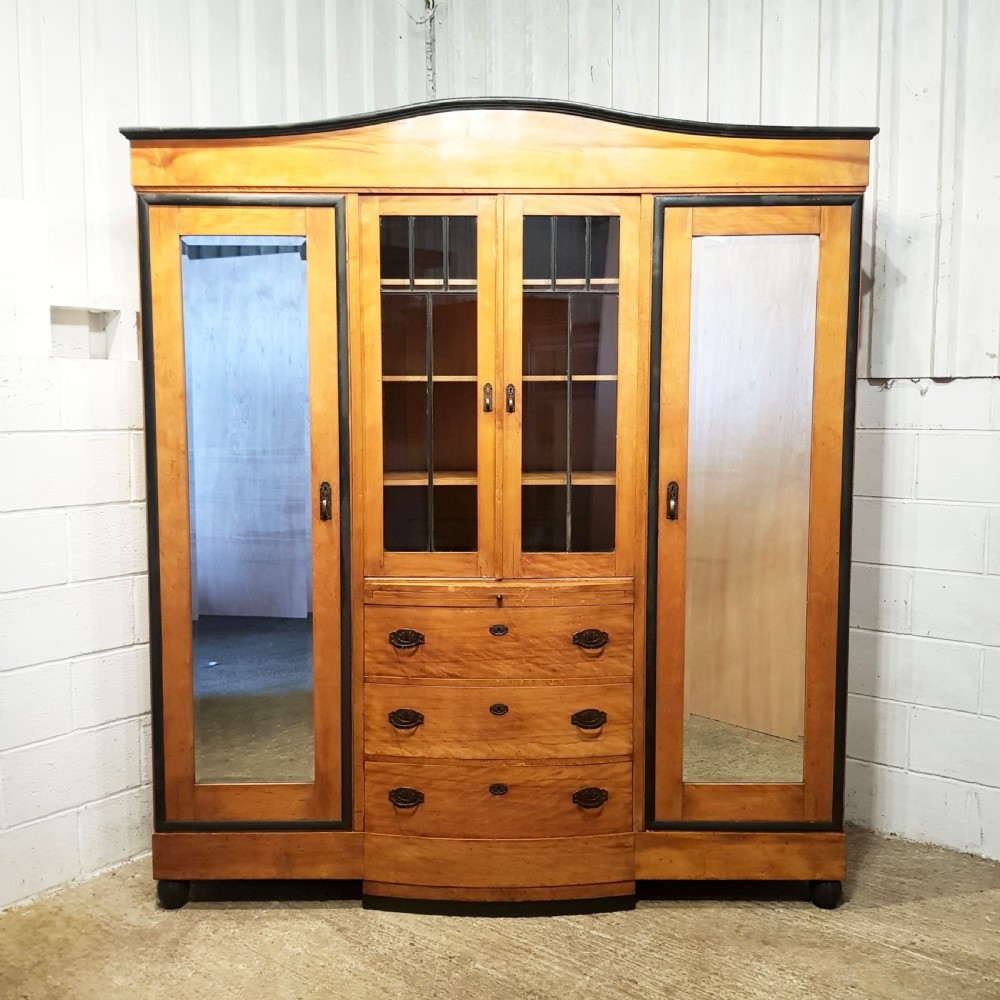 ANTIQUE CONTINENTAL SATINWOOD & EBONY TRIPLE WARDROBE  ARMOIRE C1900
