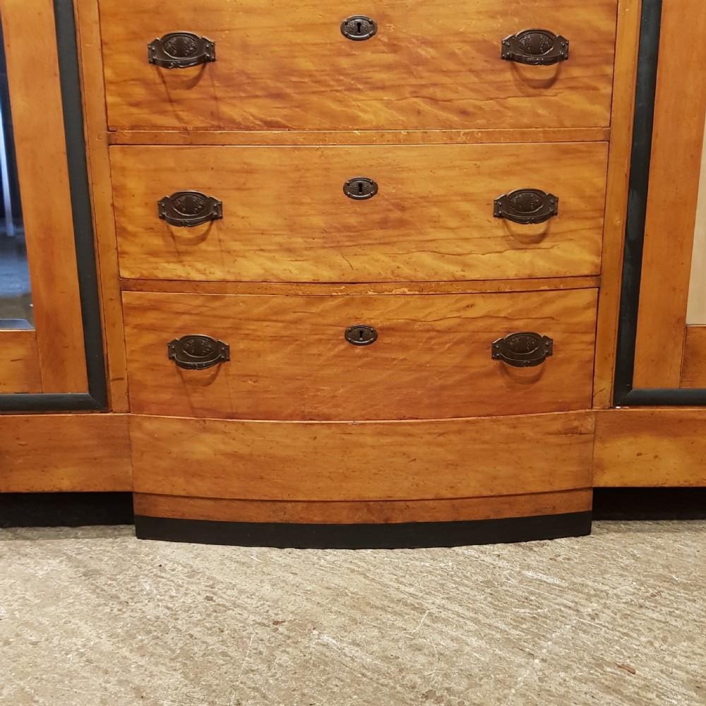 ANTIQUE CONTINENTAL SATINWOOD & EBONY TRIPLE WARDROBE  ARMOIRE C1900 View III