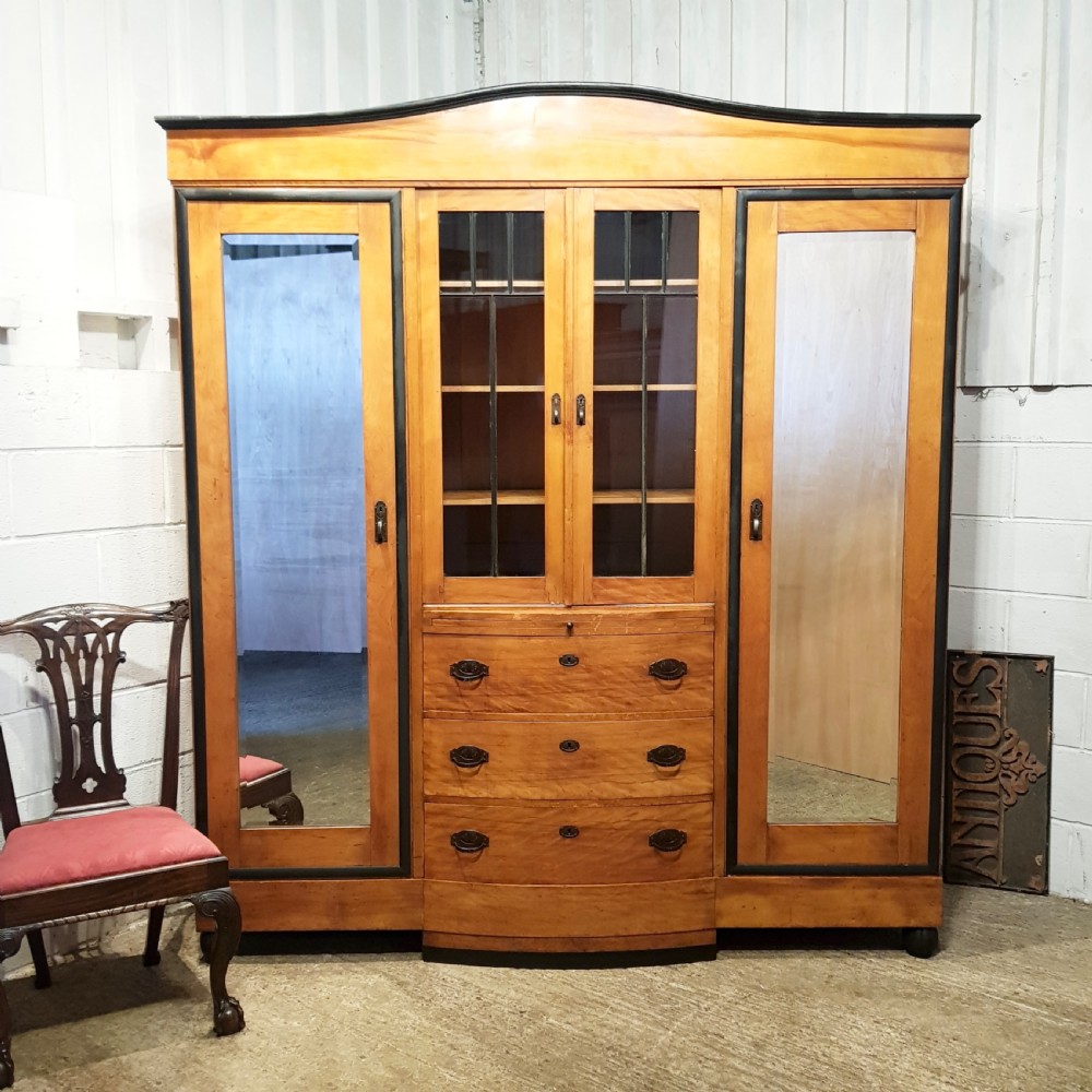 ANTIQUE CONTINENTAL SATINWOOD & EBONY TRIPLE WARDROBE  ARMOIRE C1900 View VIII