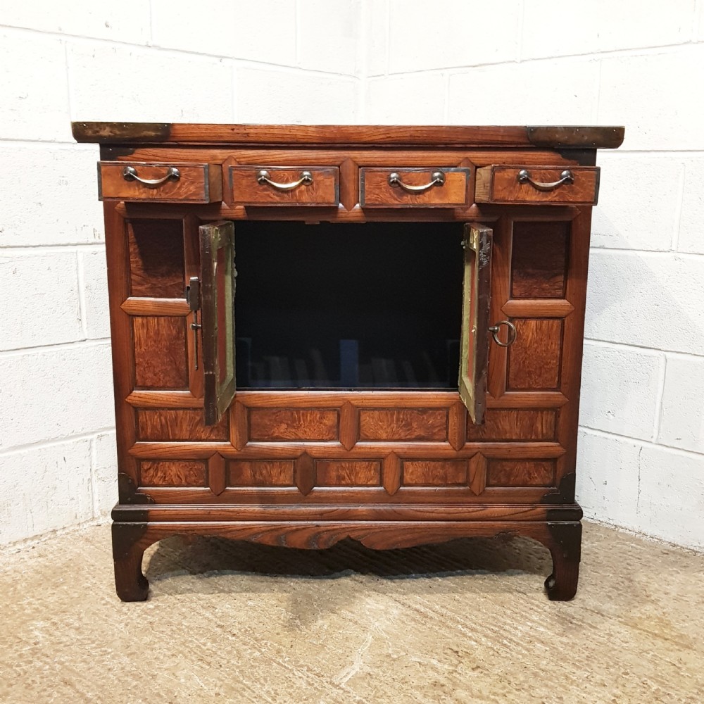 ANTIQUE CHINESE ELM & BURR ELM SIDE CABINET C1910 View V