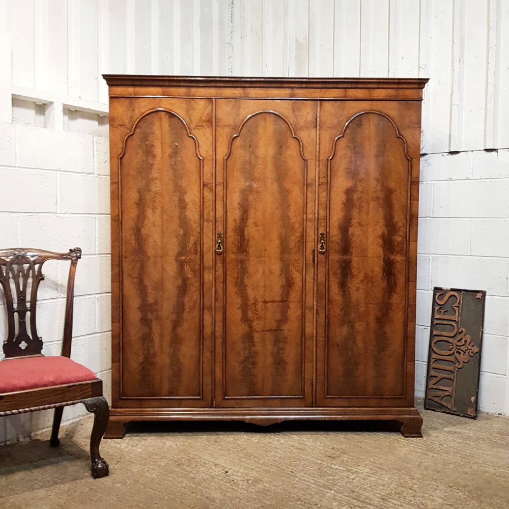 ANTIQUE BURR WALNUT TRIPLE WARDROBE C1920