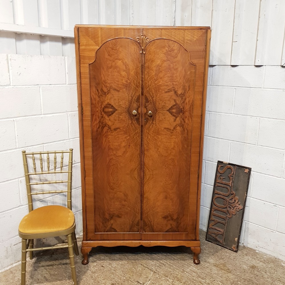 ANTIQUE ART DECO BURR WALNUT GENTLEMANS FITTED WARDROBE C1920