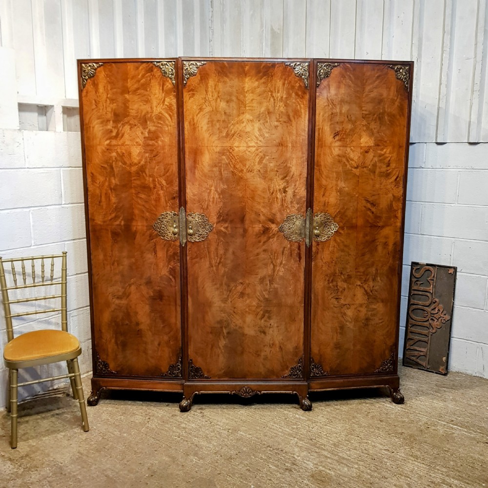 ANTIQUE BURR WALNUT TRIPLE WARDROBE C1920