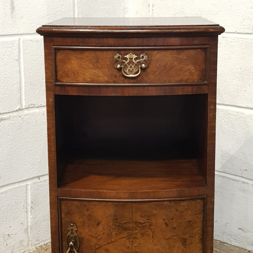 AN ANTIQUE BURR WALNUT BOW FRONTED BEDSIDE CABINET C1920 View II