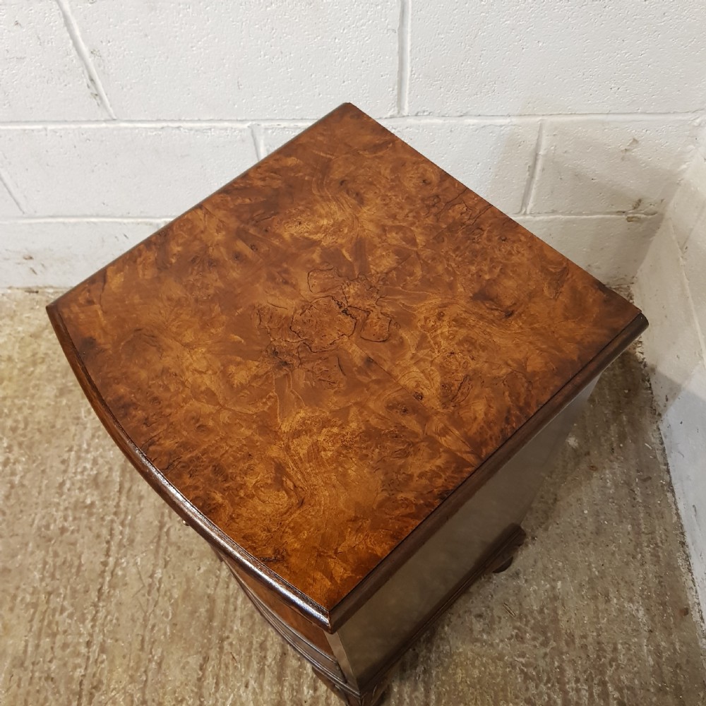 AN ANTIQUE BURR WALNUT BOW FRONTED BEDSIDE CABINET C1920 View III