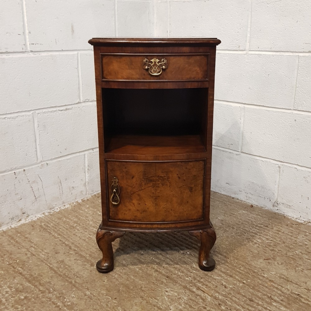 AN ANTIQUE BURR WALNUT BOW FRONTED BEDSIDE CABINET C1920 View IV