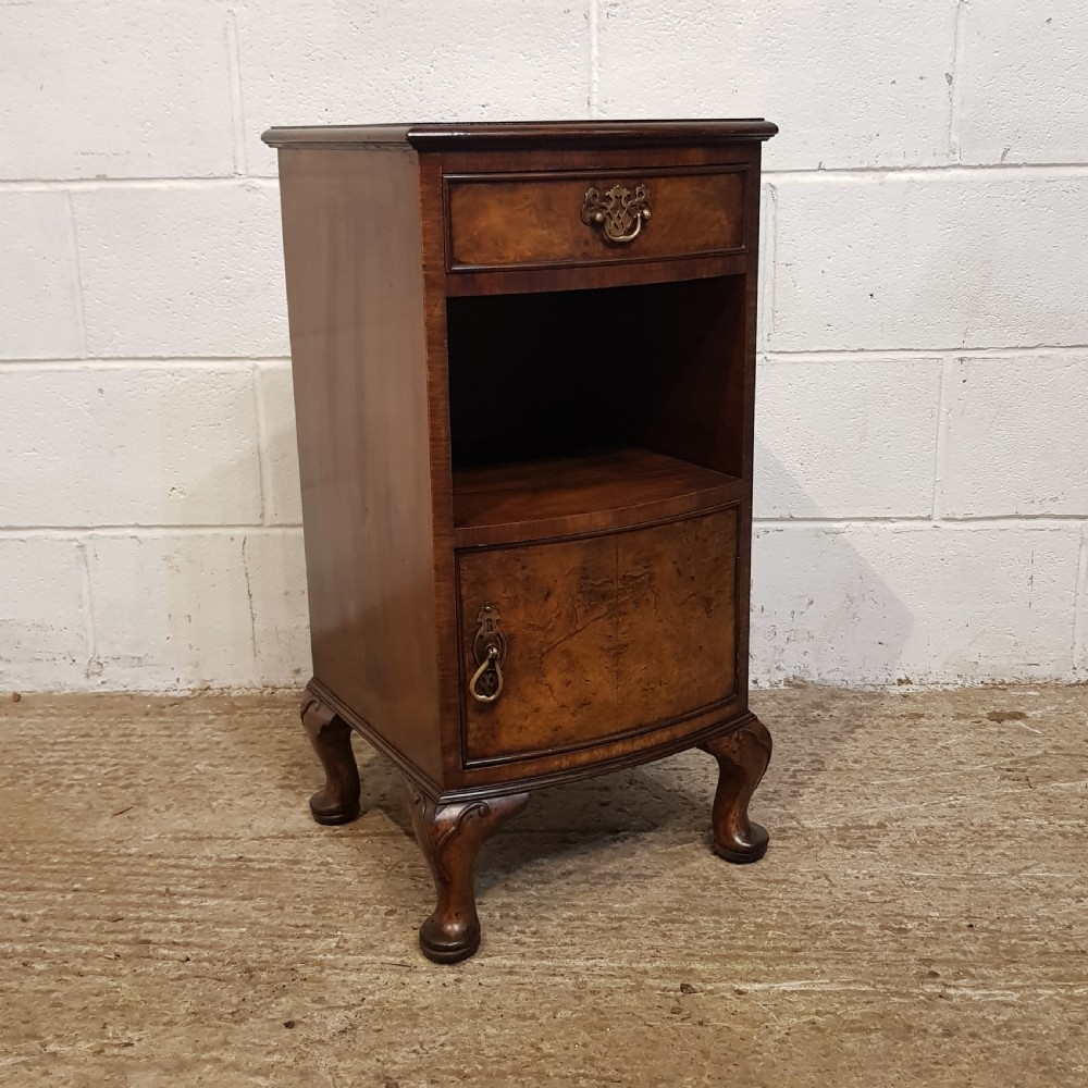 AN ANTIQUE BURR WALNUT BOW FRONTED BEDSIDE CABINET C1920 View VIII