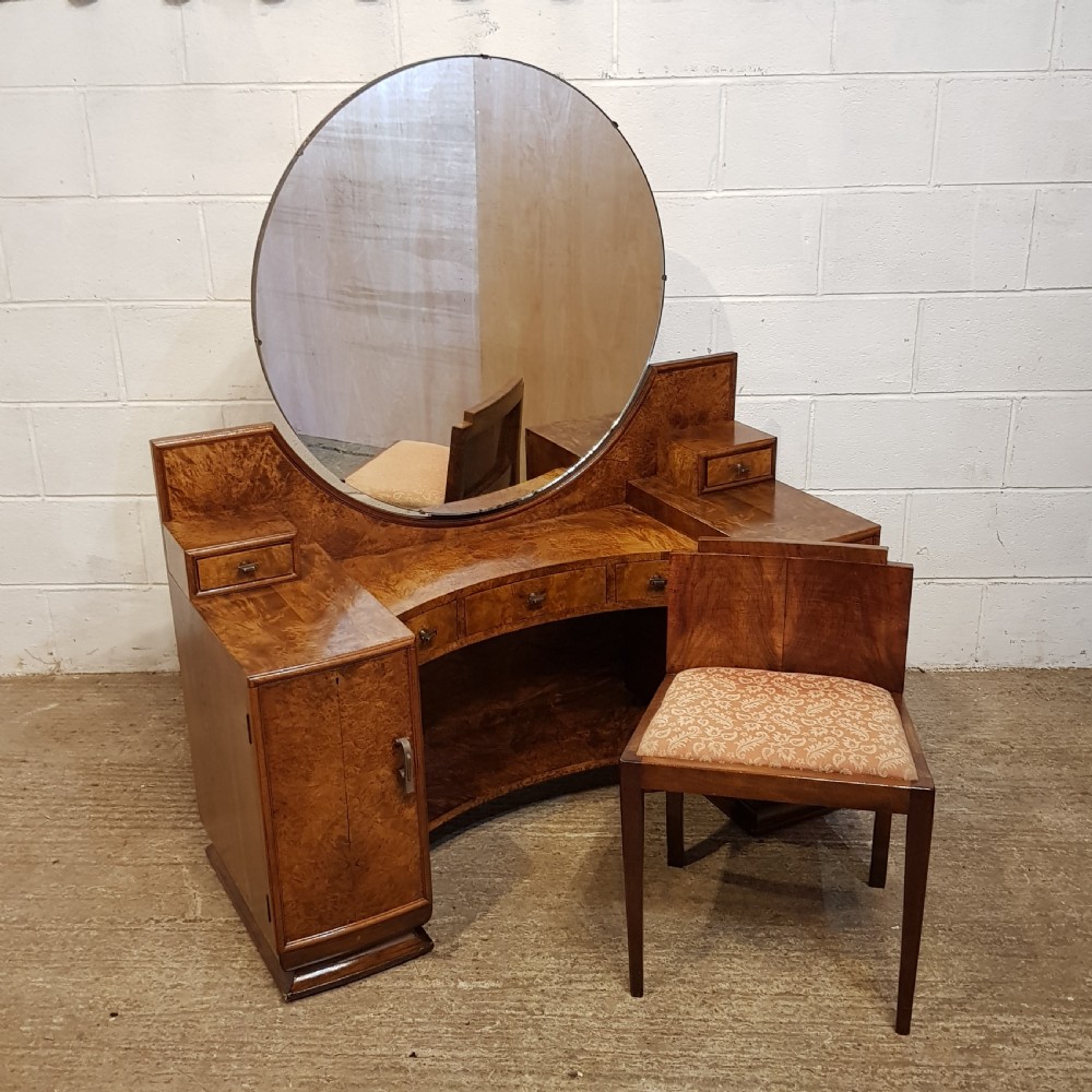 AN ANTIQUE BURR WALNUT ART DECO DRESSING TABLE AND STOOL C1920