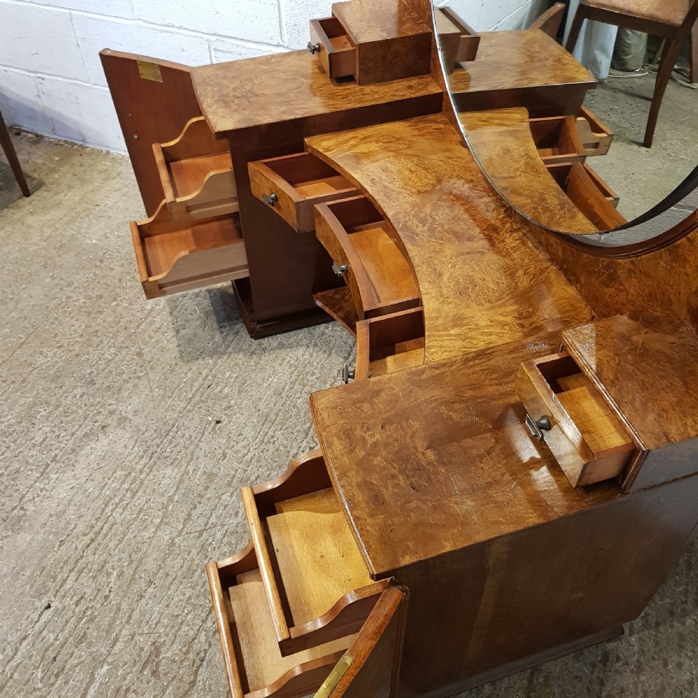 AN ANTIQUE BURR WALNUT ART DECO DRESSING TABLE AND STOOL C1920 View IV