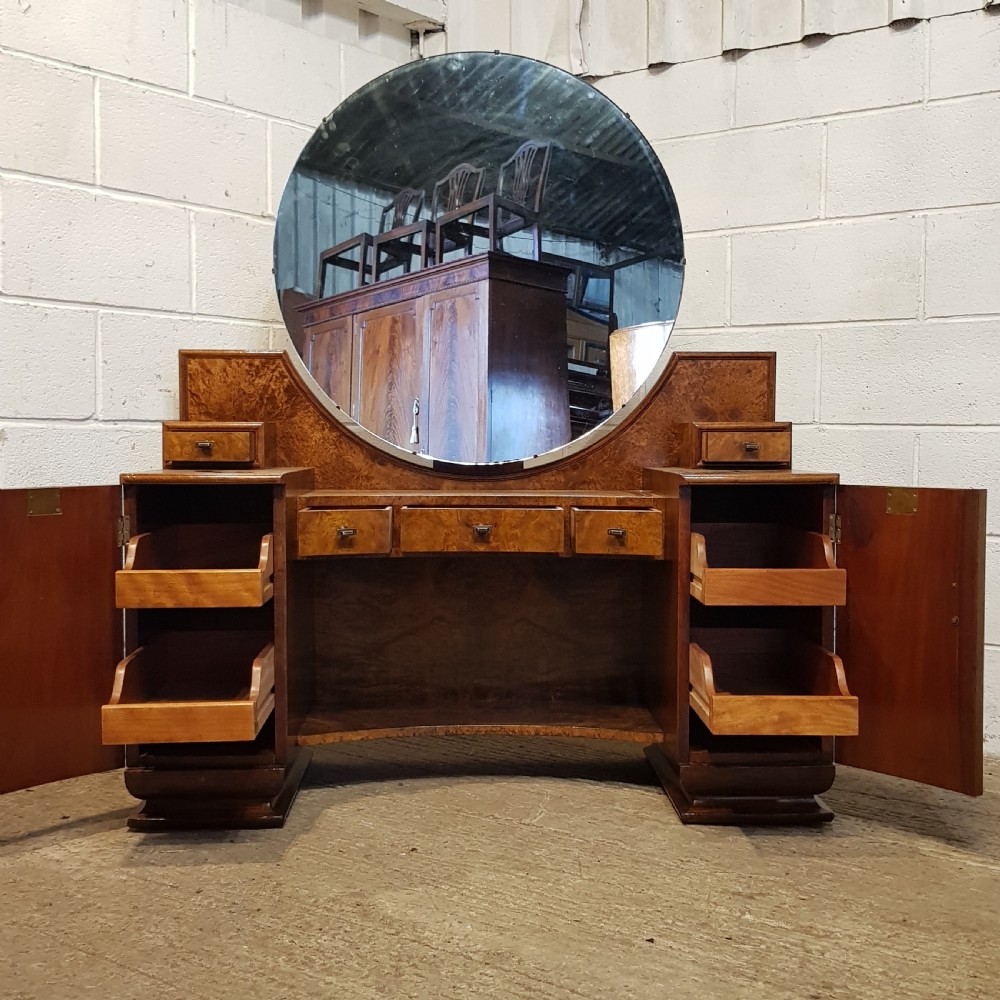 AN ANTIQUE BURR WALNUT ART DECO DRESSING TABLE AND STOOL C1920 View V