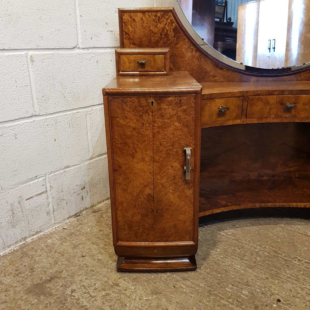 AN ANTIQUE BURR WALNUT ART DECO DRESSING TABLE AND STOOL C1920 View VI