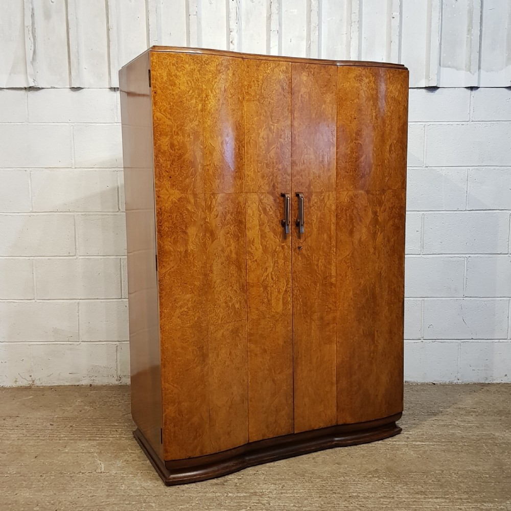 AN ANTIQUE 1920's ART DECO BOW FRONTED SMALL GENTS FITTED BURR WALNUT WARDROBE View III