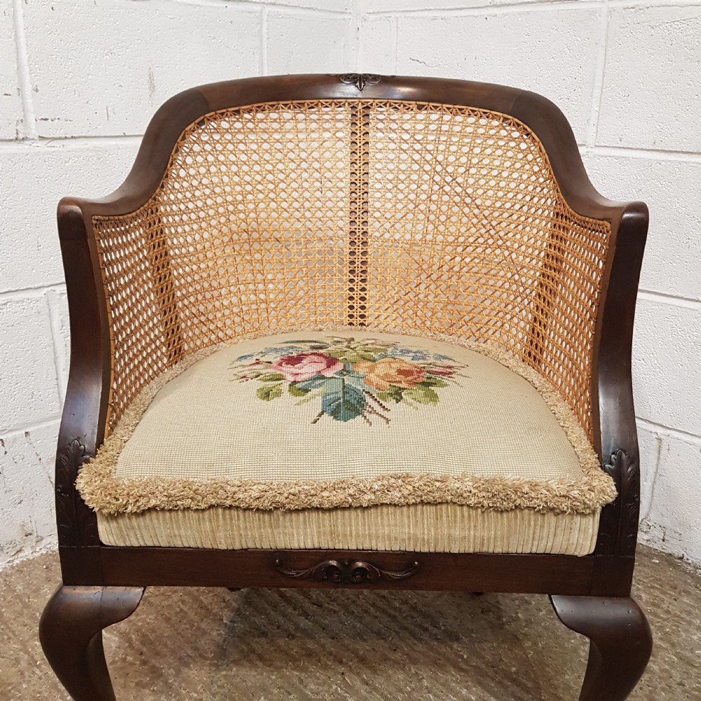 A DENBY & SPINKS MAHOGANY FRAMED BERGERE BACKED TUB CHAIR C1920 View IX