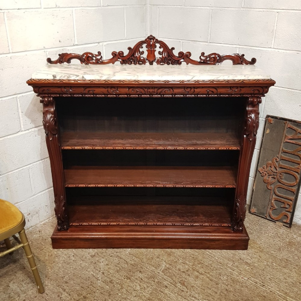 A VICTORIAN MAHOGANY MARBLE TOPPED OPEN BOOKCASE C1880
