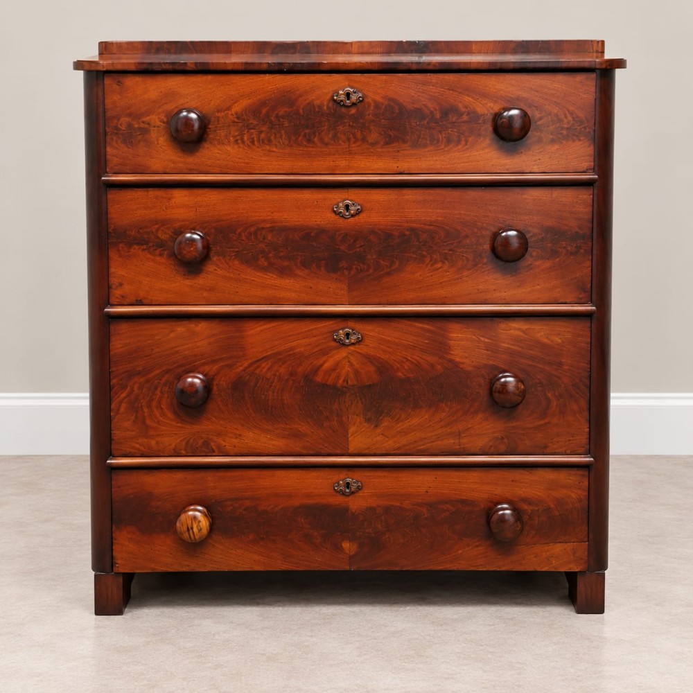 A Victorian flame mahogany four-drawer chest featuring turned wooden handles, brass keyhole escutcheons, and rounded side columns.