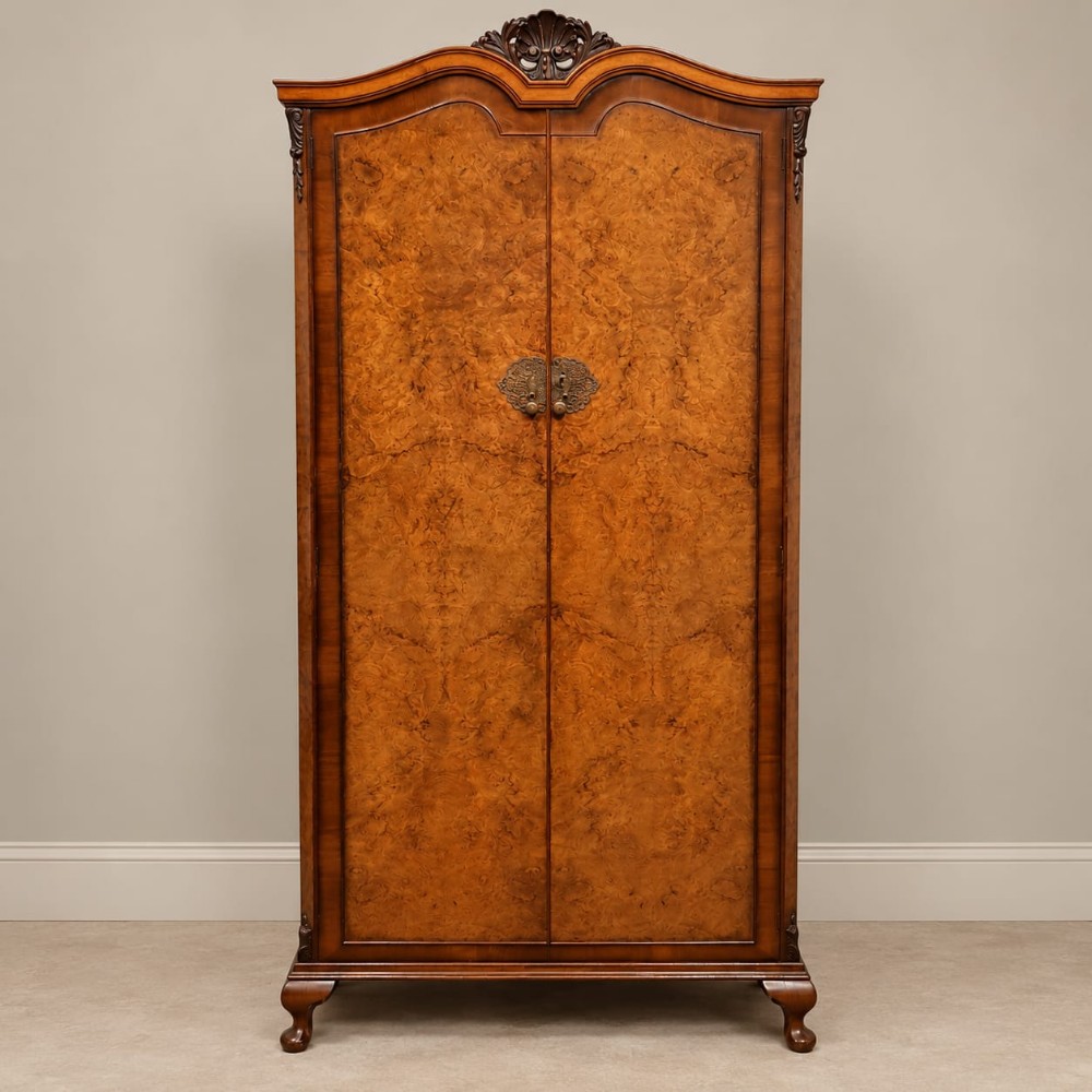 A 1920s double-door wardrobe constructed from burr walnut featuring an arched top moulding with carved cresting and short cabriole feet.