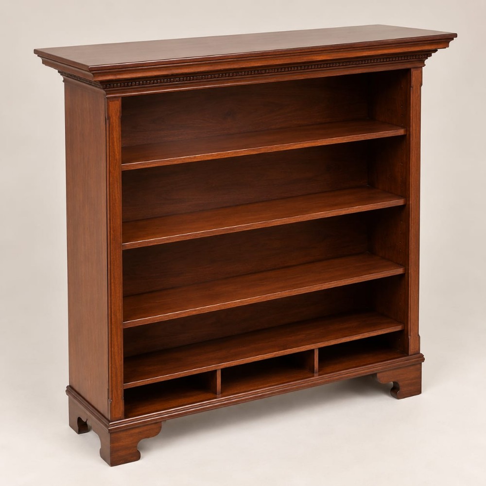 A late Victorian mahogany open bookcase featuring four horizontal shelves, lower compartment dividers, and bracket feet.
