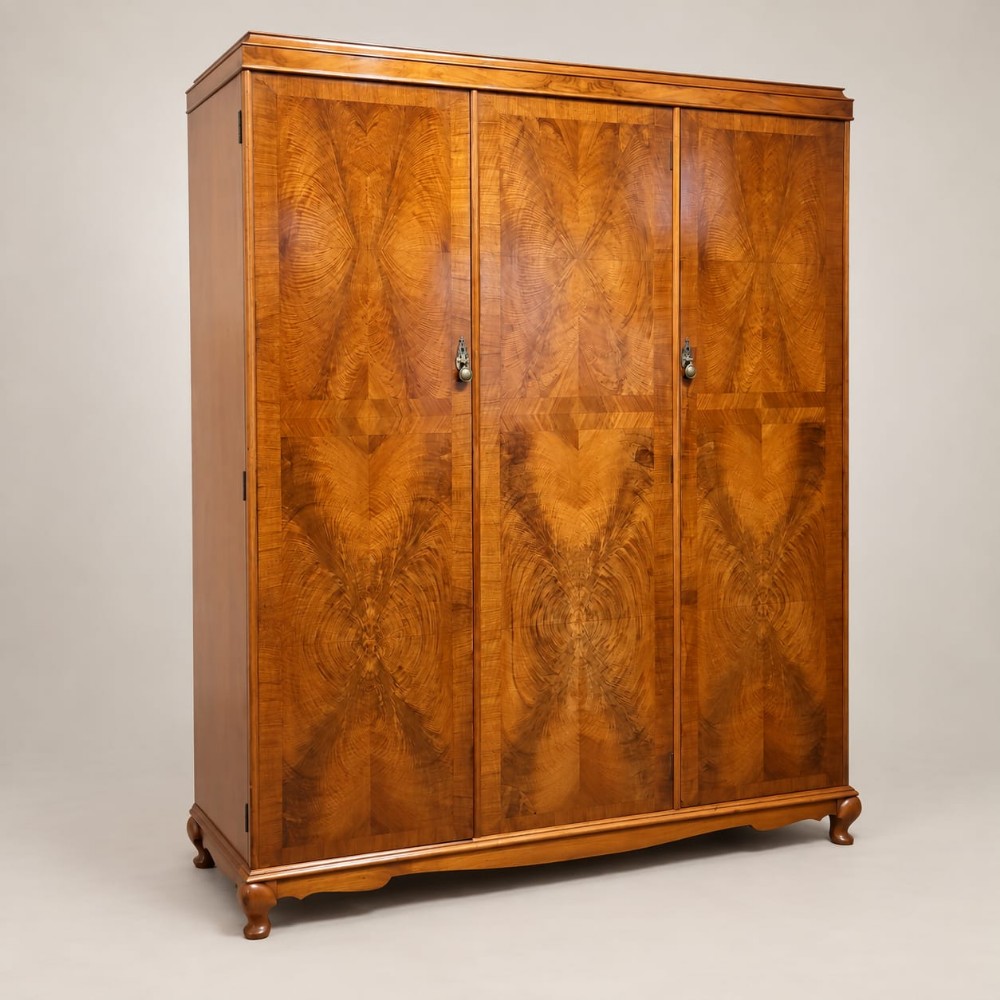 A 1920s burr walnut triple wardrobe featuring three doors with book-matched figure patterns and short cabriole feet.