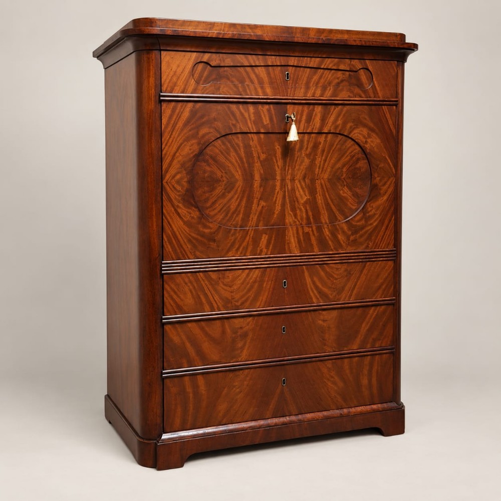 A tall 19th-century mahogany Biedermeier secretaire a abattant featuring flame veneer patterns, a central drop-front panel, keyhole escutcheons, and lower drawers.