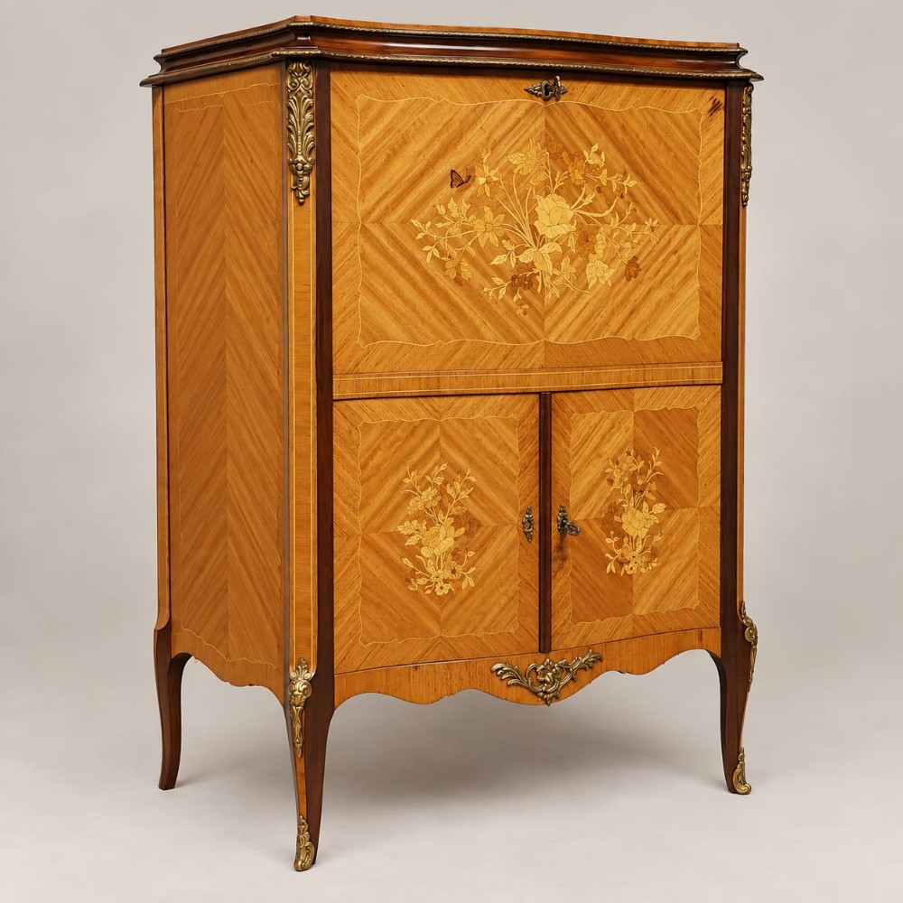 A serpentine-fronted walnut and mahogany cocktail cabinet featuring floral marquetry inlay, herringbone veneering, and ornate brass ormolu mounts.