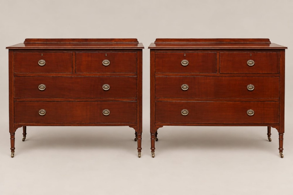 A matching pair of mahogany bow-fronted chests featuring three tiers of drawers, brass oval drop handles, low backboards, and turned legs with castors.
