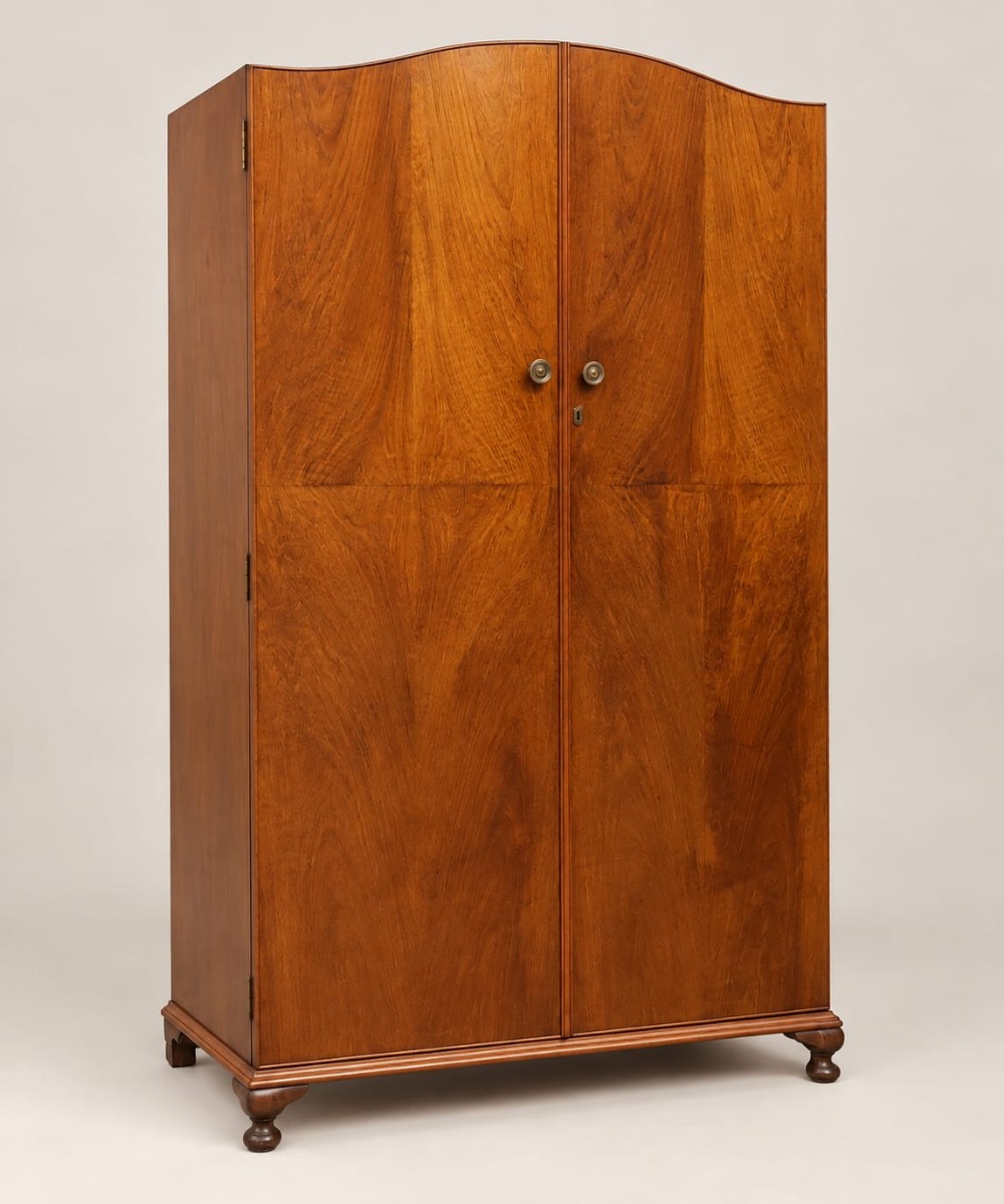 A 1920s two-door burr walnut double wardrobe featuring an arched top rail, quarter-veneered door panels with brass knobs, and turned feet.