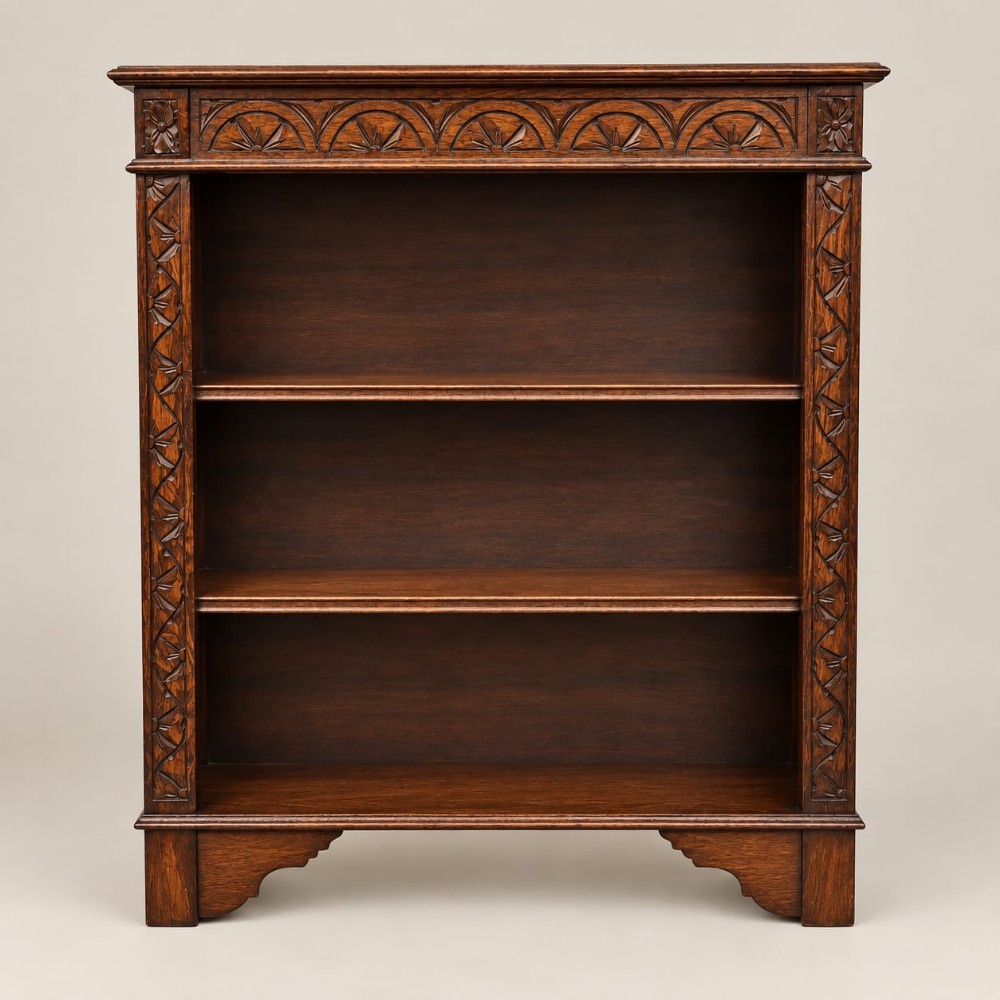 A dark oak open bookcase dating to circa 1920 featuring carved lunette moulding along the upper frieze and three internal storage shelves.
