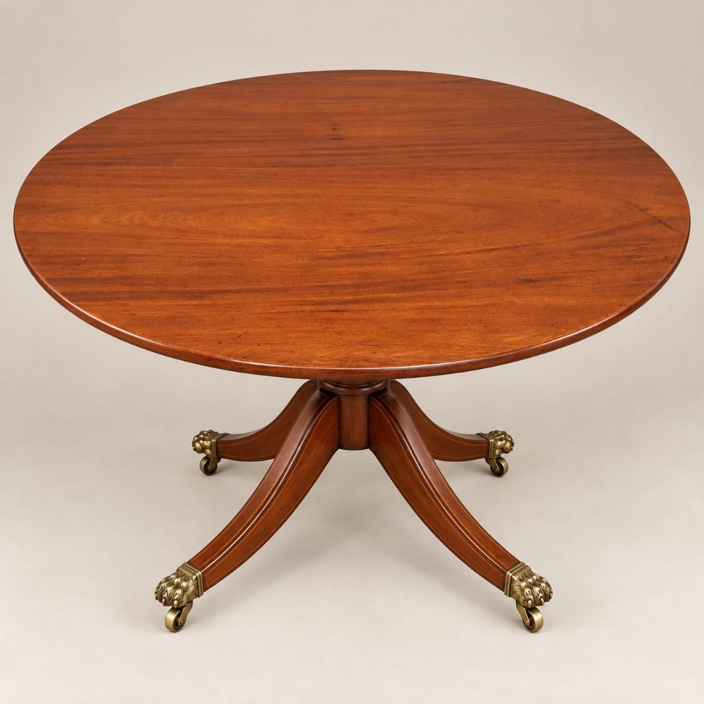 A circular mahogany dining table featuring a polished timber surface and a central pedestal with four splayed legs terminating in brass lion paw castors.