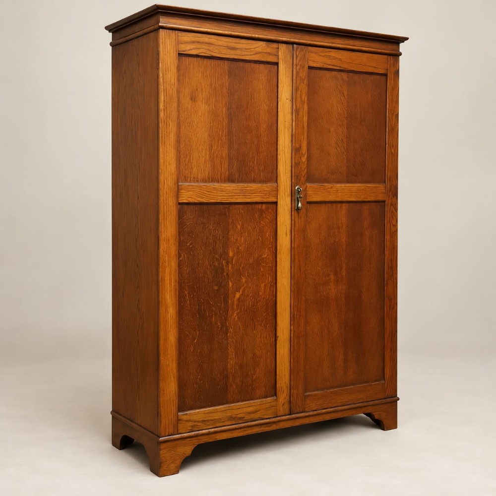A 1920s oak dwarf wardrobe with double panelled doors, bracket feet, and a central brass drop handle.