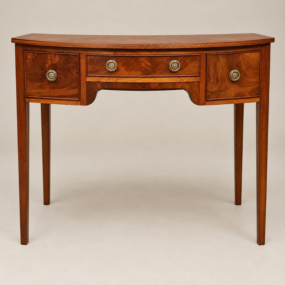 A Regency mahogany bowfront side table featuring three drawers with brass ring handles and tapered legs.