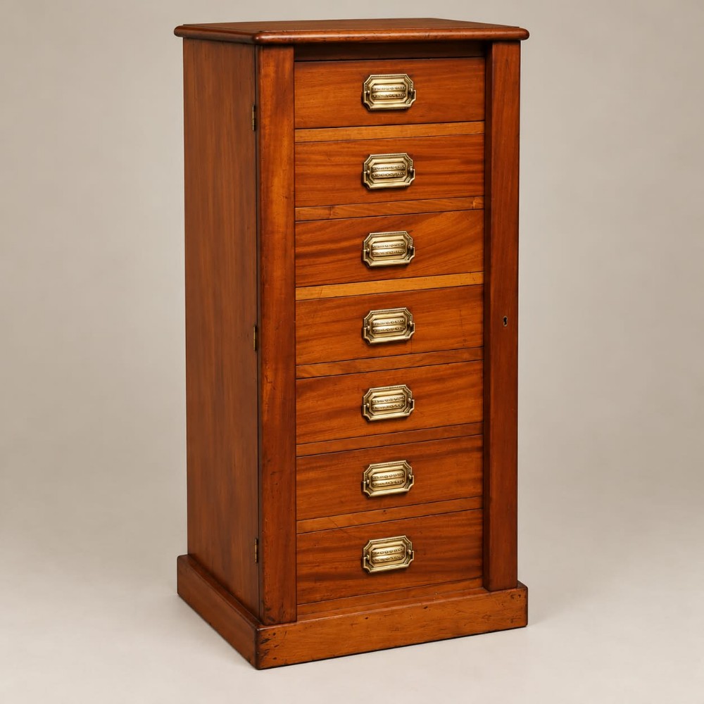 A tall mahogany Wellington chest featuring seven drawers with brass handles and a hinged locking bar set on a plinth base.