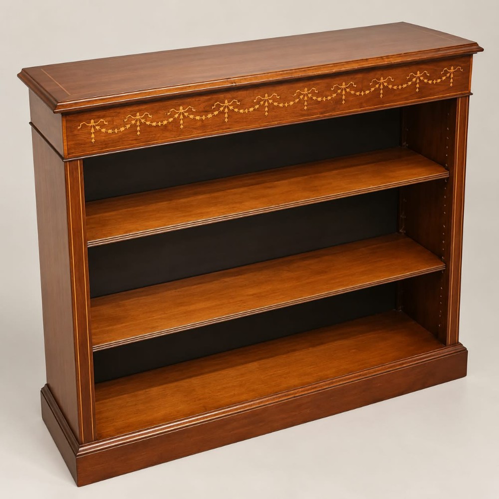 A low mahogany open bookcase featuring three adjustable shelves, fine boxwood line stringing, and an inlaid swag garland motif along the upper frieze.