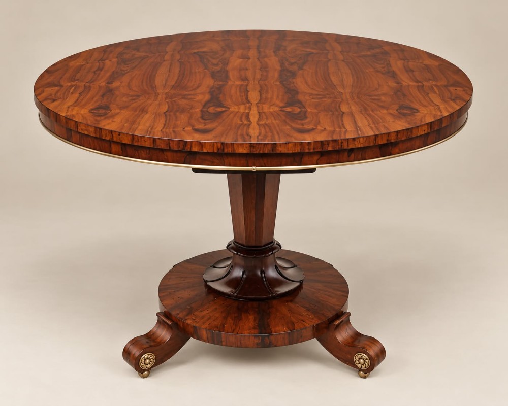 A circular William IV rosewood dining table featuring book-matched veneer on top, supported by a central column stem and a circular plinth base with scroll feet.