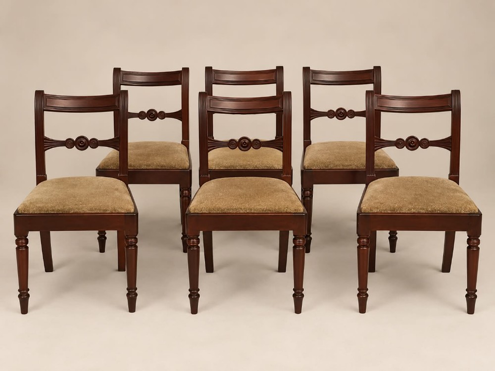 A set of six George III mahogany dining chairs featuring carved roundel back splats, turned front legs, and neutral upholstered seats.