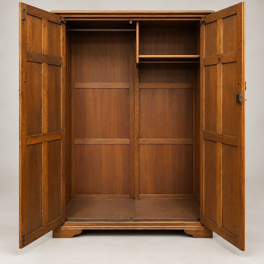 A two-door warm brown oak wardrobe featuring carved diamond motifs on upper panels, recessed rectangular lower panels, and dark iron hardware. View II