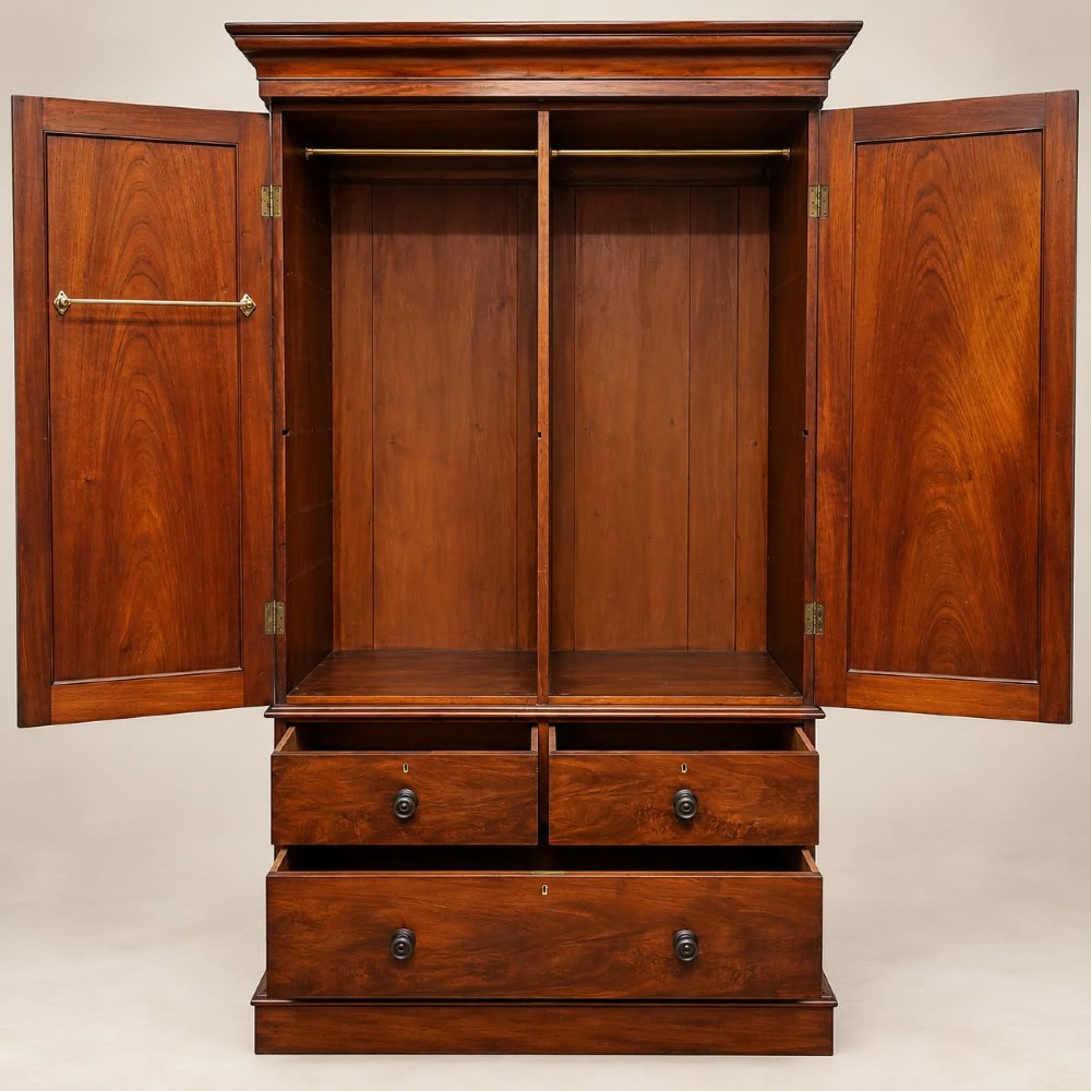 A Victorian mahogany double wardrobe featuring two arched panel doors set above a base with two short drawers and one long drawer. View III