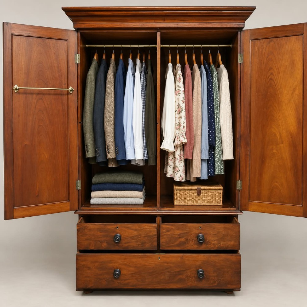 A Victorian mahogany double wardrobe featuring two arched panel doors set above a base with two short drawers and one long drawer. View V