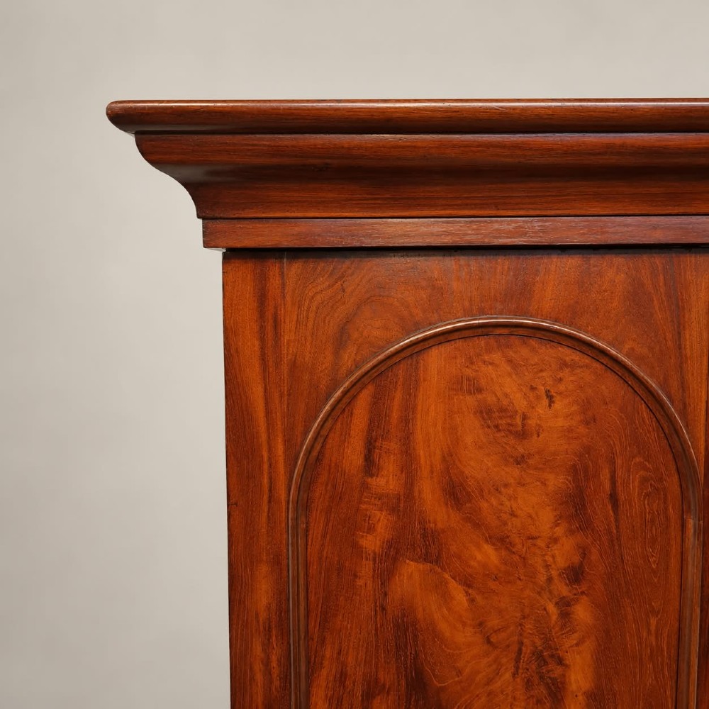 A Victorian mahogany double wardrobe featuring two arched panel doors set above a base with two short drawers and one long drawer. View VI