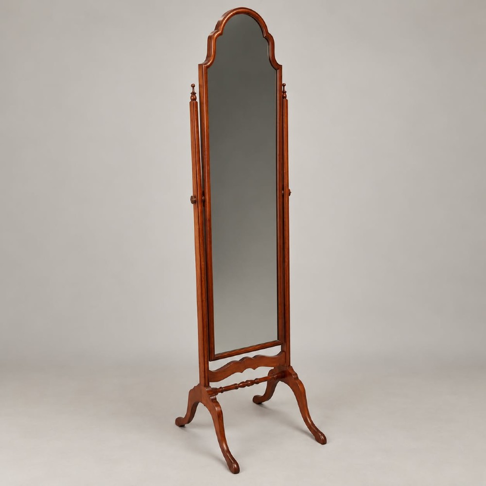 A 1920s full-length mahogany cheval mirror featuring an arched top frame, upright side posts with finials, turned cross-stretcher, and splayed feet. View III