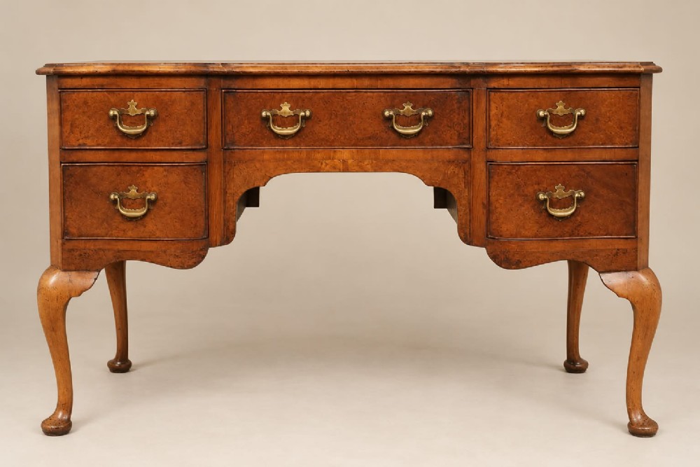 A 1920s burr walnut serpentine-fronted desk featuring five drawers with brass handles and cabriole legs.