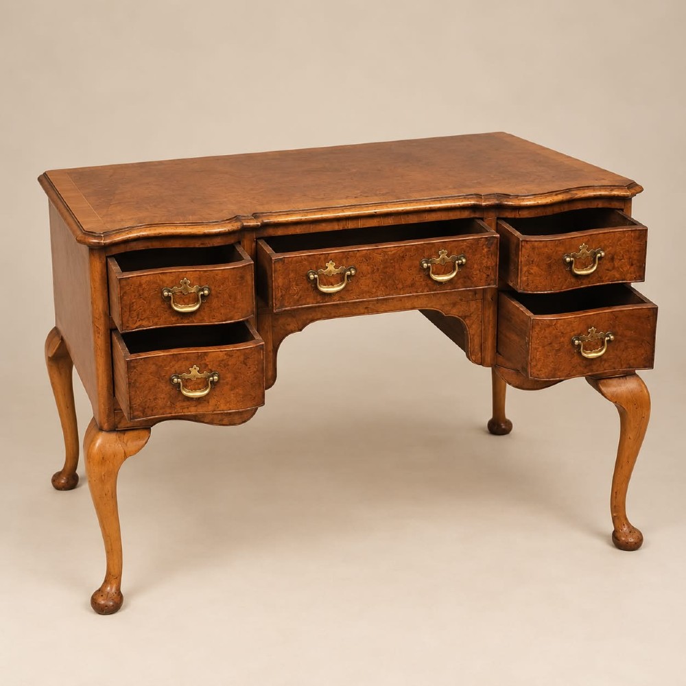 A 1920s burr walnut serpentine-fronted desk featuring five drawers with brass handles and cabriole legs. View II