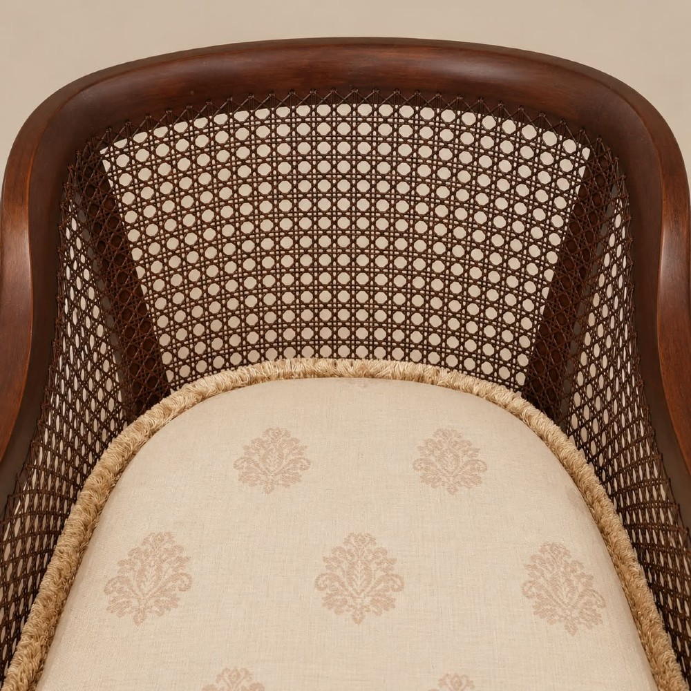 A pair of 1920s mahogany tub chairs featuring woven cane side panels, carved claw and ball feet, and cream upholstered cushions with matching circular accent pillows. View IV